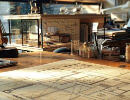 Bureau d’architecte avec plans techniques, maquettes et outils de dessin, illustrant la phase de conception indispensable pour élaborer un plan de terrasse complet et précis.