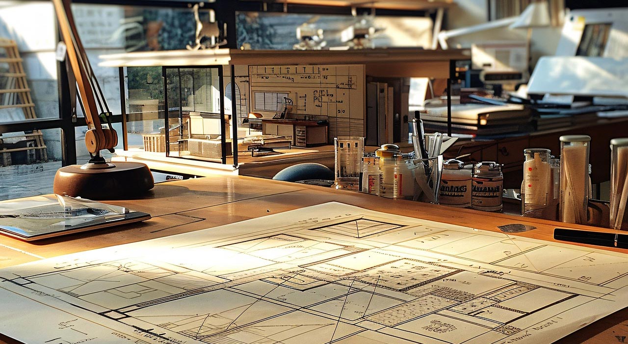 Bureau d’architecte avec plans techniques, maquettes et outils de dessin, illustrant la phase de conception indispensable pour élaborer un plan de terrasse complet et précis.