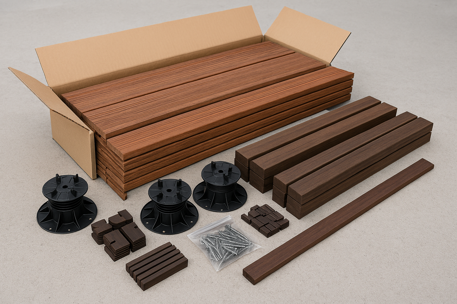 Kit terrasse bois complet prêt à l’installation : lames, plots réglables, visserie, cales et lambourdes.