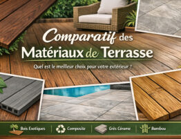 Comparatif des matériaux de terrasse : bois exotiques, composite, grès cérame et bambou, présenté en visuel pour aider au choix du meilleur matériau.