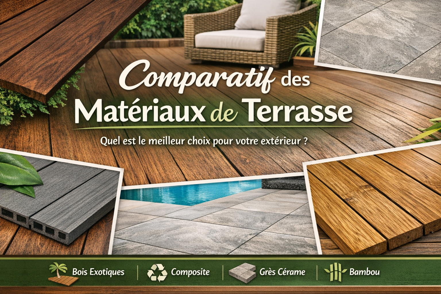 Comparatif des matériaux de terrasse : bois exotiques, composite, grès cérame et bambou, présenté en visuel pour aider au choix du meilleur matériau.