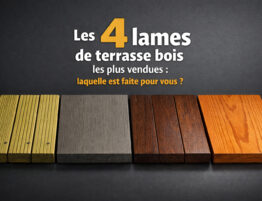 omparatif des quatre lames de terrasse bois les plus populaires : lame en pin traité, lame composite grise, lame exotique brun foncé et lame Douglas orangé, présentées côte à côte sur fond sombre pour illustrer leurs textures et couleurs naturelles.