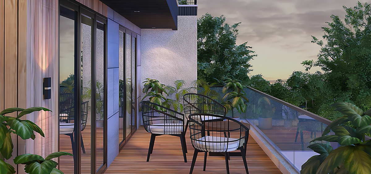 Terrasse en bois moderne avec garde‑corps en verre et mobilier design, entourée de plantes vertes.