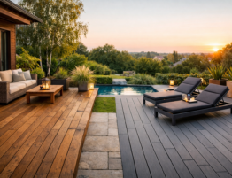 Terrasse moderne mêlant bois naturel et composite gris, illustrant la comparaison entre matériaux pour valoriser un bien immobilier.