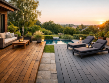 Terrasse moderne mêlant bois naturel et composite gris, illustrant la comparaison entre matériaux pour valoriser un bien immobilier.