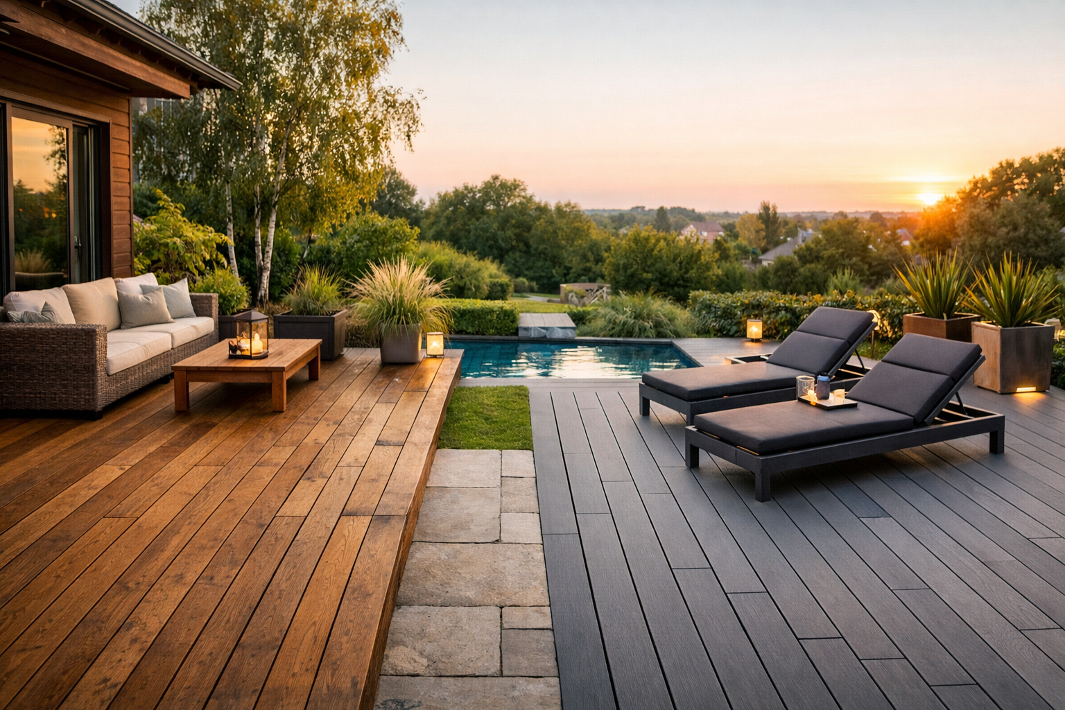 Terrasse moderne mêlant bois naturel et composite gris, illustrant la comparaison entre matériaux pour valoriser un bien immobilier.